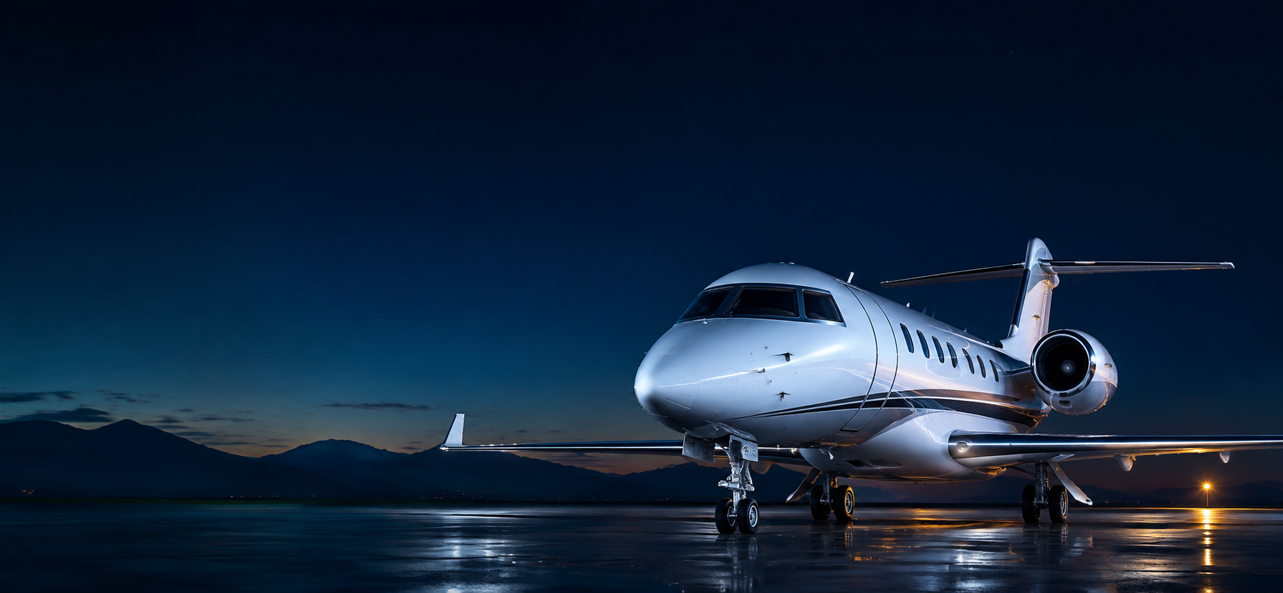 Private jet on an airport apron at blue hour